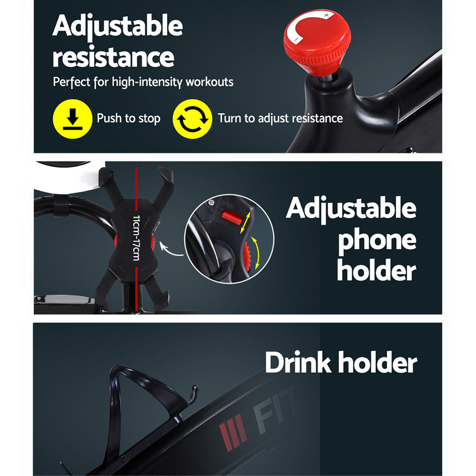 Spin Exercise Bike – 6kg Flywheel | Adjustable Resistance | LCD Monitor | Bonus Phone & Drink Holder | 120kg Capacity