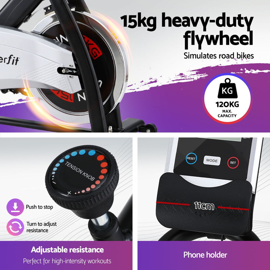 Everfit 15kg Flywheel Spin Bike – Home Gym Fitness (120kg Capacity)