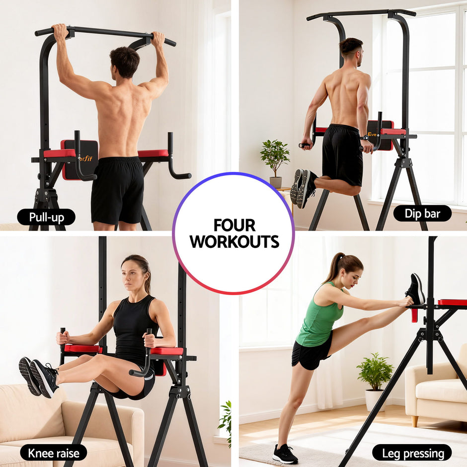 Everfit Chin Up Tower Pull Up Station Adjustable Dip Station Folding Home Gym Black