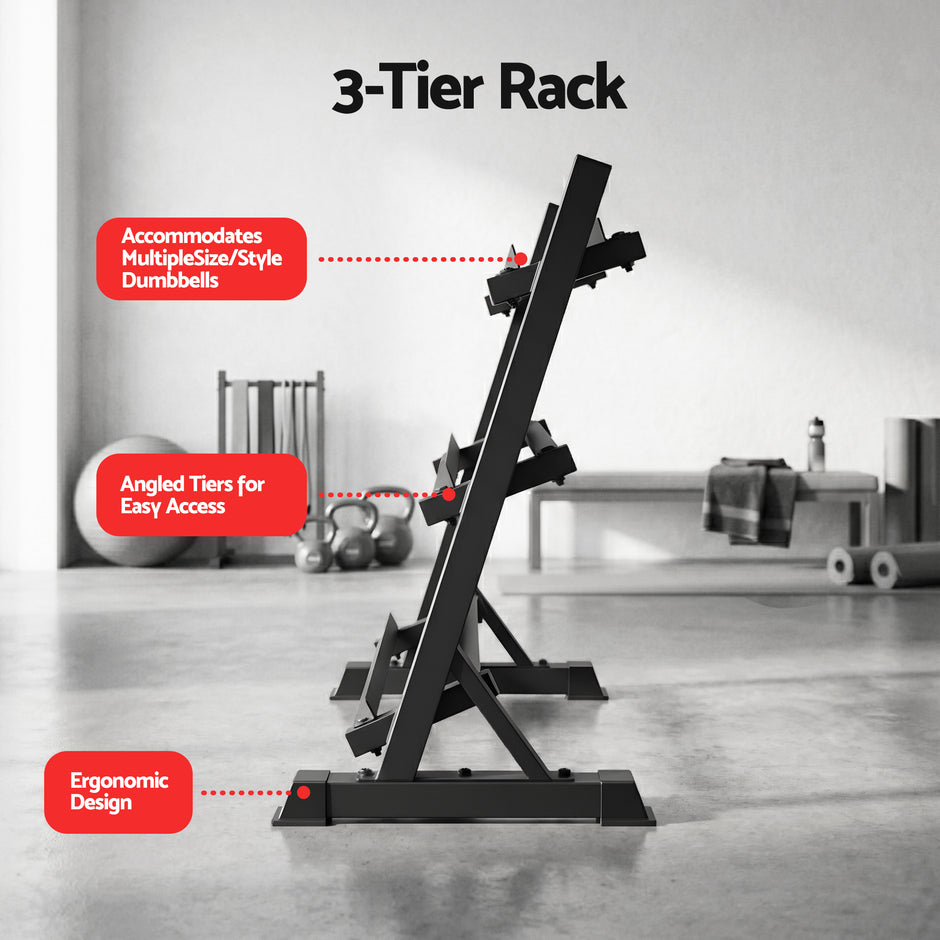 Everfit Dumbbell Rack 3-Tier Heavy Duty Weight Storage for Home Gym 300kg Capacity Black
