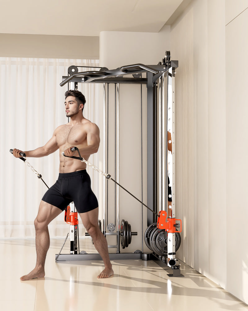SmartFit C1 Max Multi Functional Cable Crossover Station 130kgs Pin Loaded  Machine + Multi Func Bench+7Ft Olympic Barbell + 100kgs Weights