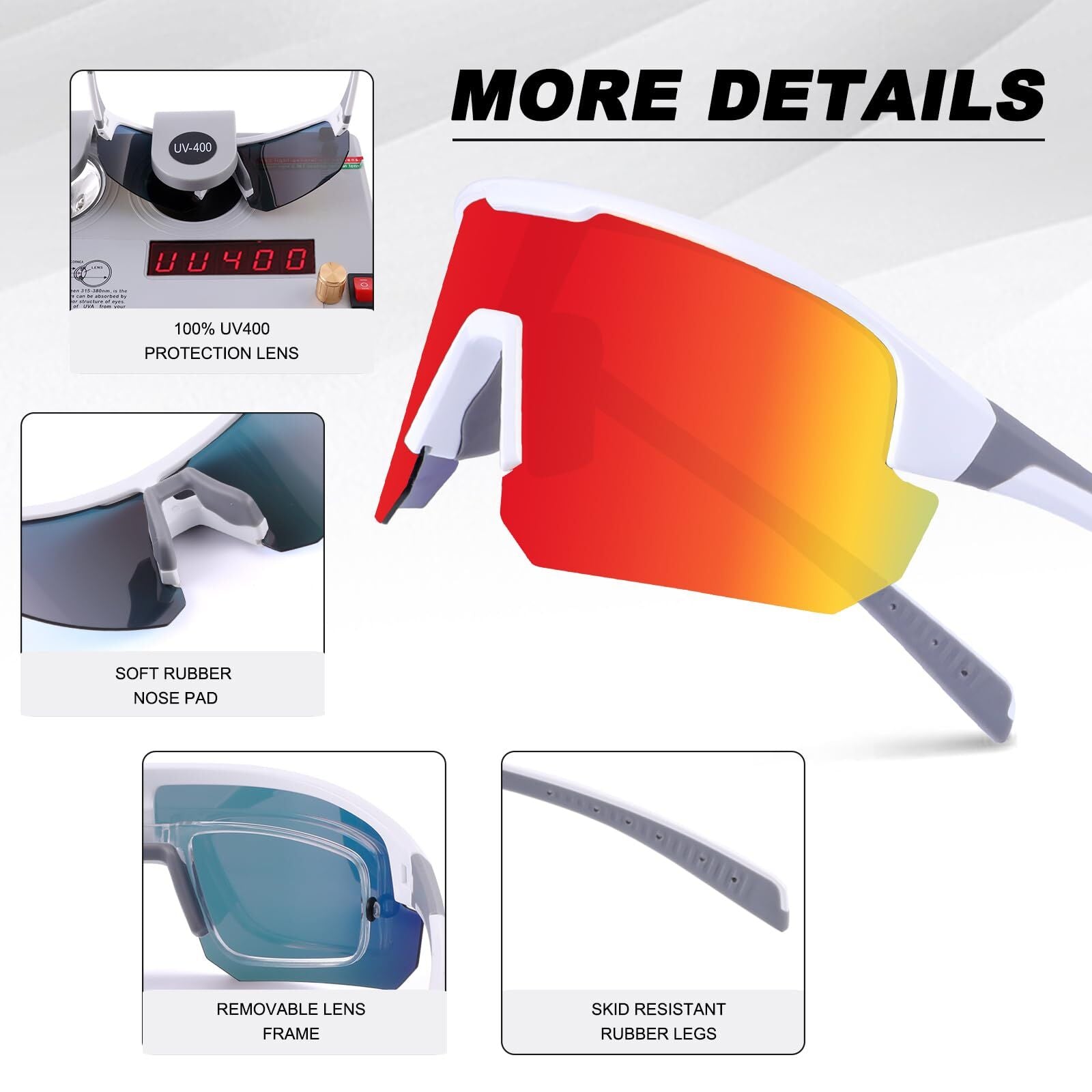 High-End Polarized Sports Sunglasses for Men Women – UV400 Protection, Anti-Fog, Lightweight TR90 Frame, Removable Lens, Ideal for Cycling, Running, Fishing, Golf (White & Red)