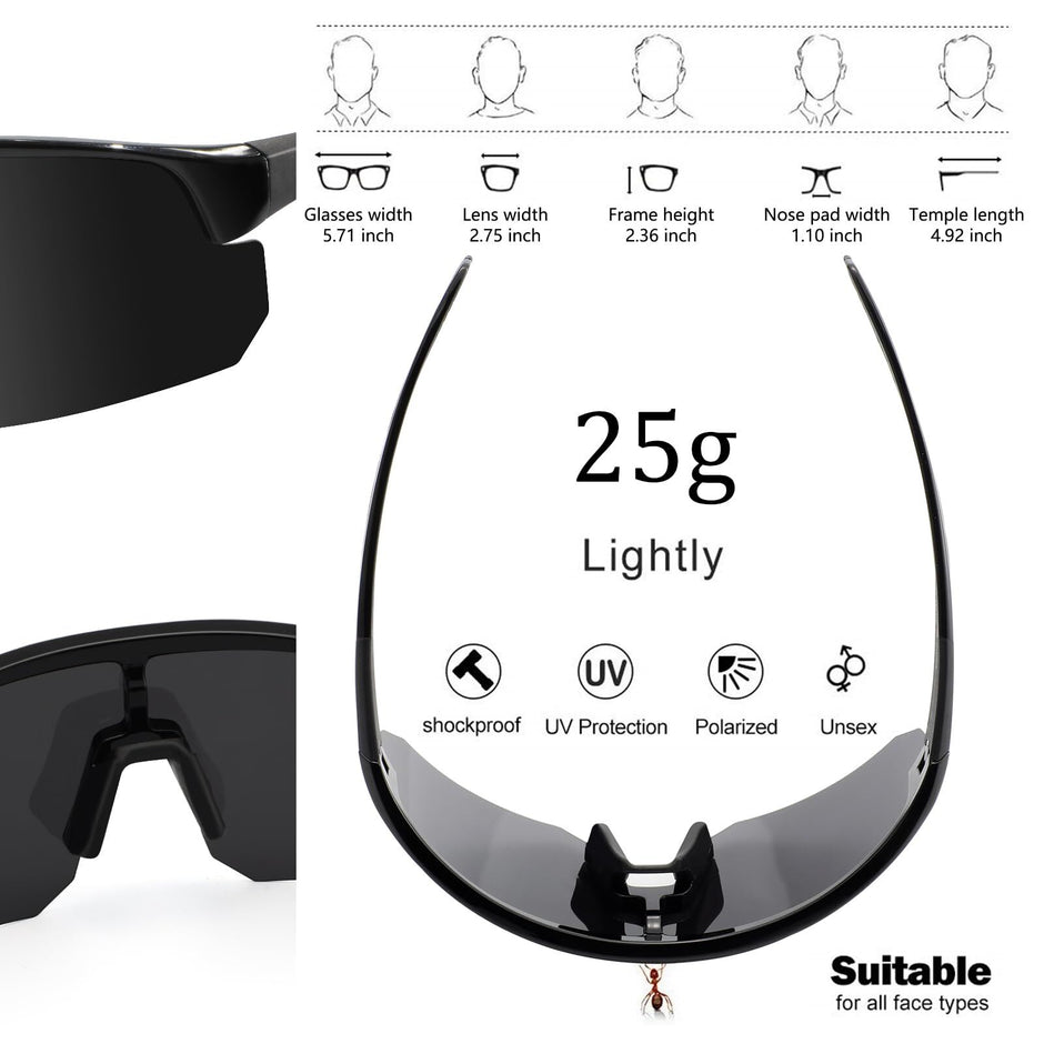 High-End Polarized Sports Sunglasses for Men Women – UV400 Protection, Anti-Fog, Lightweight TR90 Frame, Removable Lens, Ideal for Cycling, Running, Fishing, Golf (Black)