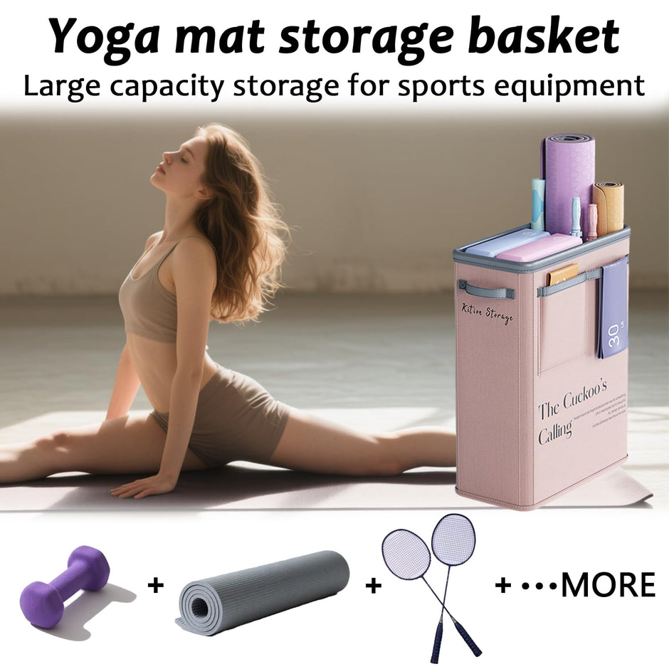 Large Capacity Foldable Yoga Mat Storage Basket – Waterproof Fabric Organizer for Gym Equipment, Dumbbells, Foam Rollers, and Mats with Side Pockets and Handle (Pink)