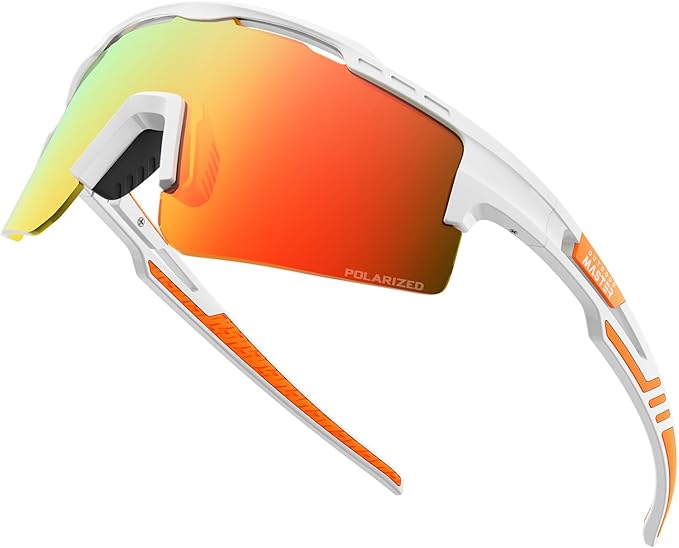 OutdoorMaster Hawk II Polarized Sports Sunglasses for Men Women, TAC 100% UV400 Protection TR90 Frame Cycling Sunglasses, Baseball Running Fishing Golf Glasses-White Frame+revo Red Cat.3,Adult