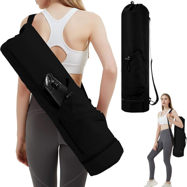 Yoga Mat Bag - Yoga Bag with Drawstring and Storage Compartment - Yoga Bag - Fitness Bag - Sports Bag - Pilates Bag - Waterproof - Universal - Gymnastics Mat Bag - Shoulder Bag - Multifunctional Storage Bag - Equipped with Carrying Strap - Black