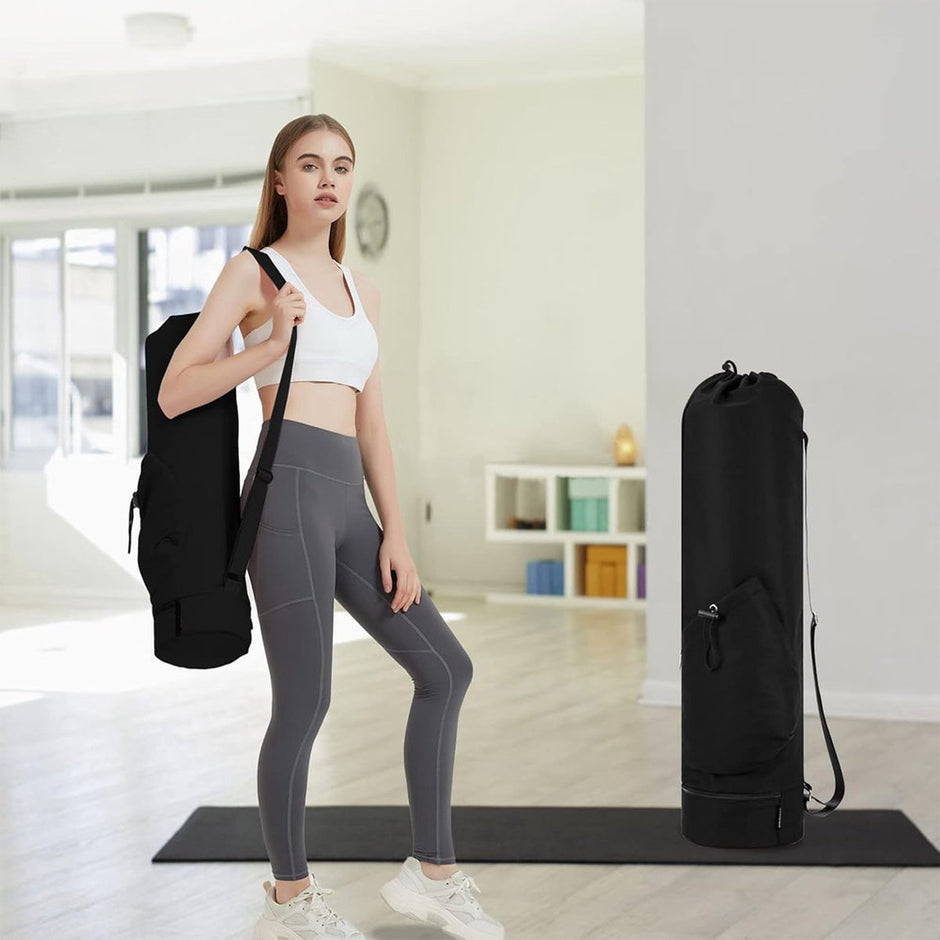 Yoga Mat Bag - Yoga Bag with Drawstring and Storage Compartment - Yoga Bag - Fitness Bag - Sports Bag - Pilates Bag - Waterproof - Universal - Gymnastics Mat Bag - Shoulder Bag - Multifunctional Storage Bag - Equipped with Carrying Strap - Black