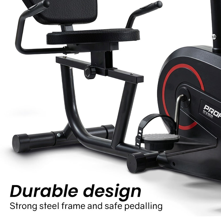 PROFLEX Magnetic Recumbent Exercise Bike, LCD Display, Heart Rate Sensors, Adjustable Seat, 8-Level Resistance, Comfortable Seated Home Cardio Fitness Machine