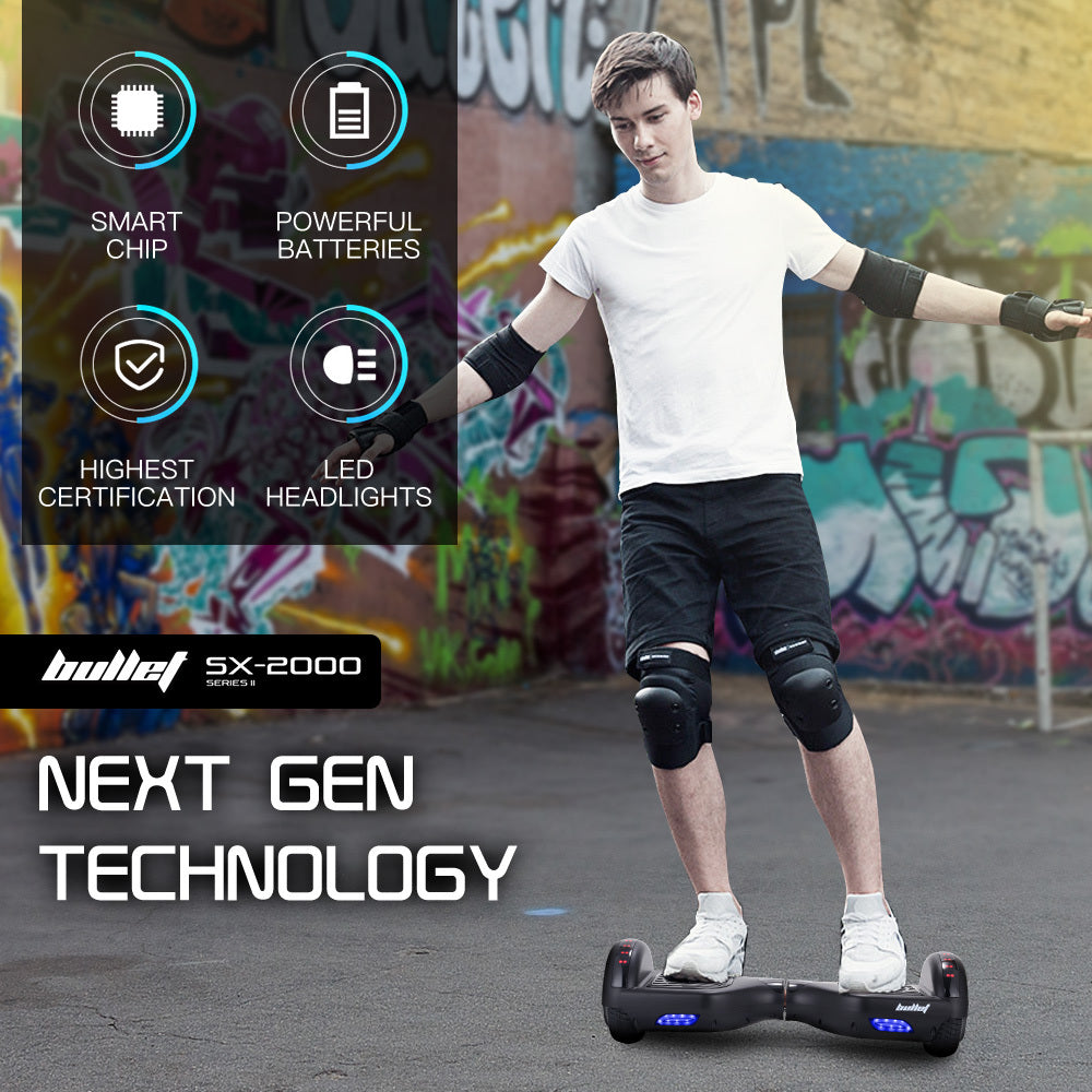 Bullet SX-2000 Hoverboard Scooter, 500W Brushless, Superior Self Balancing System, UL Certified, LED Lights, Black