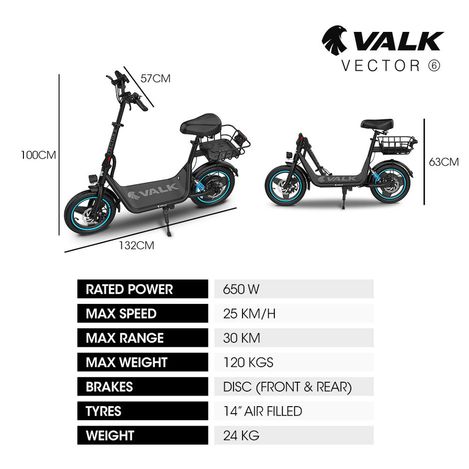 VALK Electric Scooter with Seat, 30km Range, Disc brakes, 14