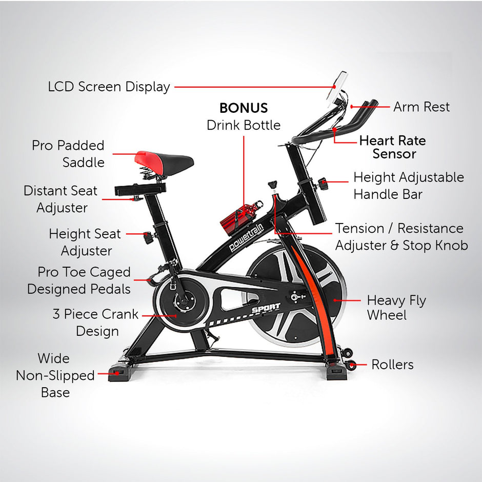Powertrain Spin Bike – Heavy Flywheel | Adjustable Indoor Exercise Bike (Black)