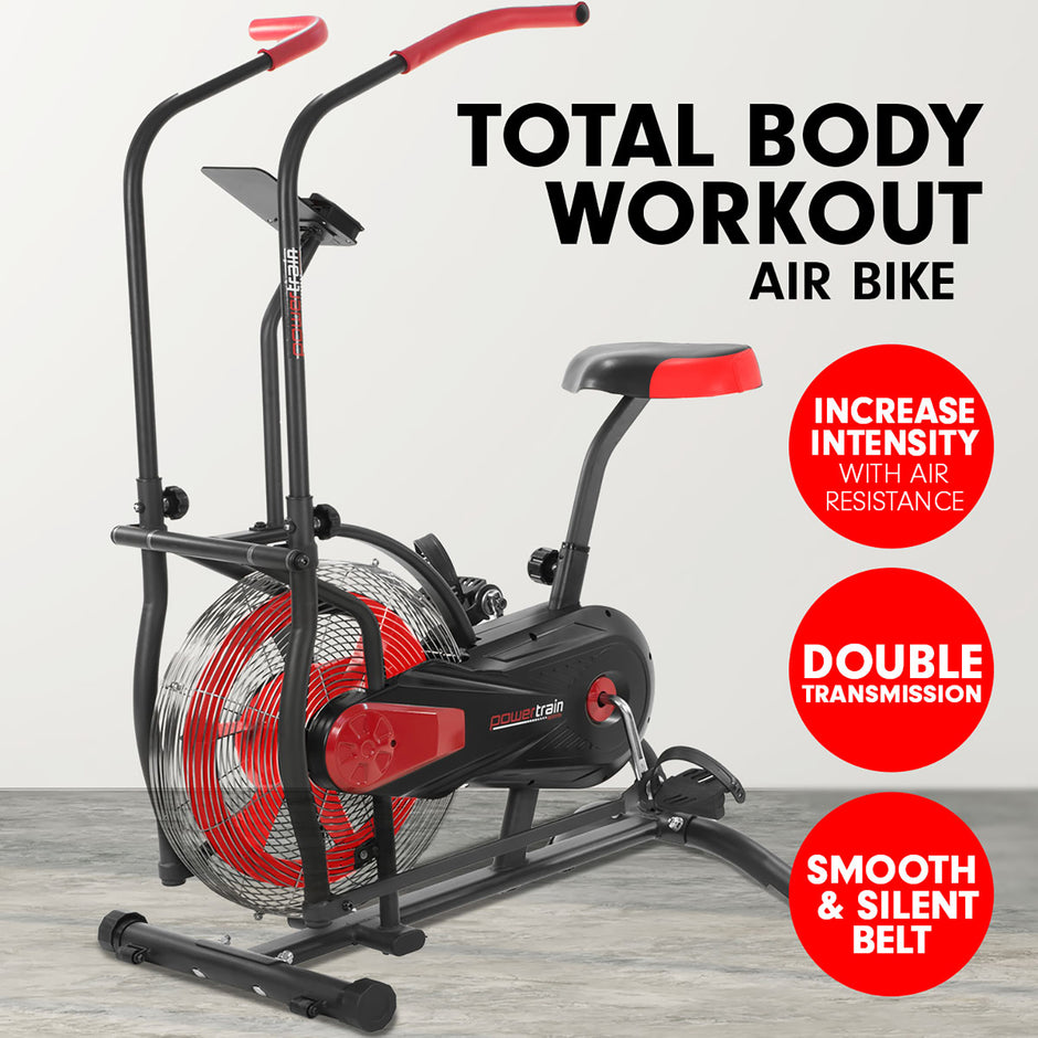 Powertrain Air Resistance Fan Exercise Bike – Cardio Trainer | Dual-Action Handles | Red