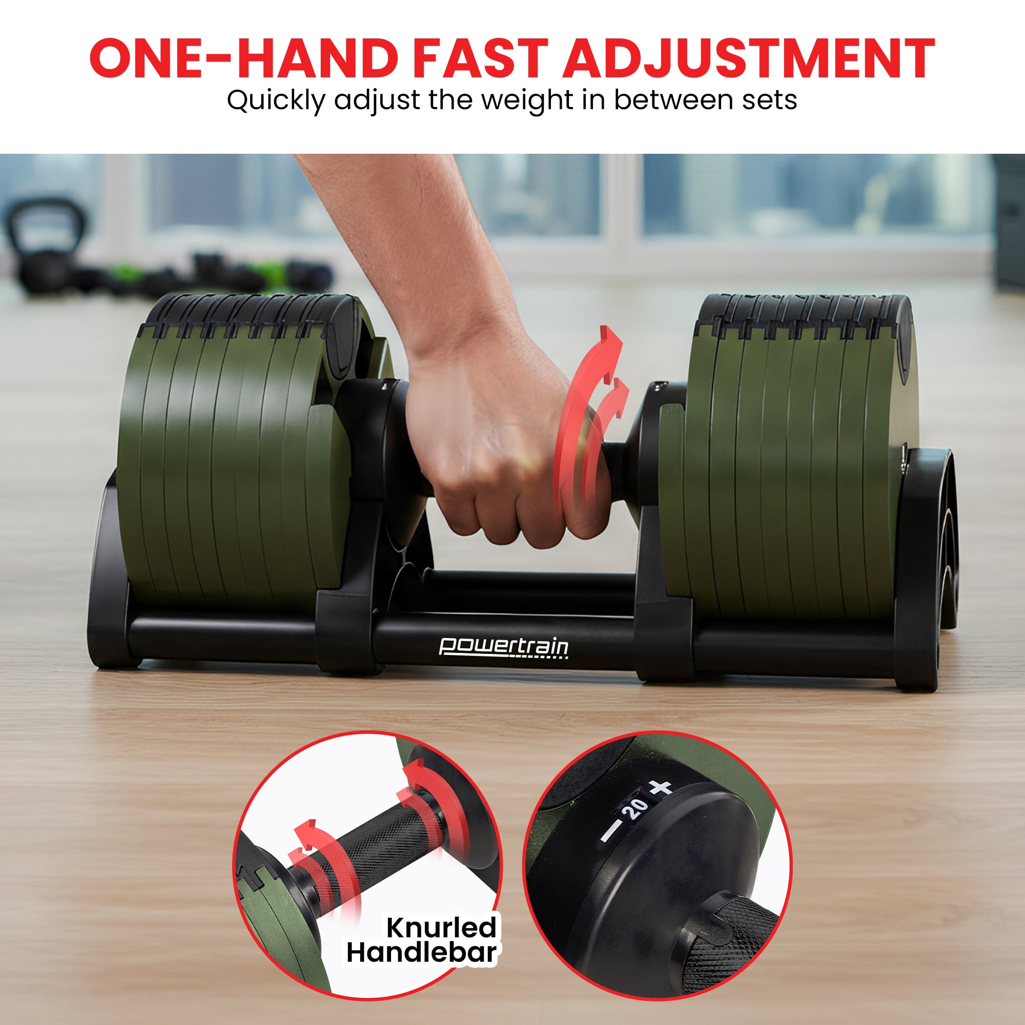 Powertrain Eon Dial-Up 72KG Adjustable Dumbbells Pair - Green