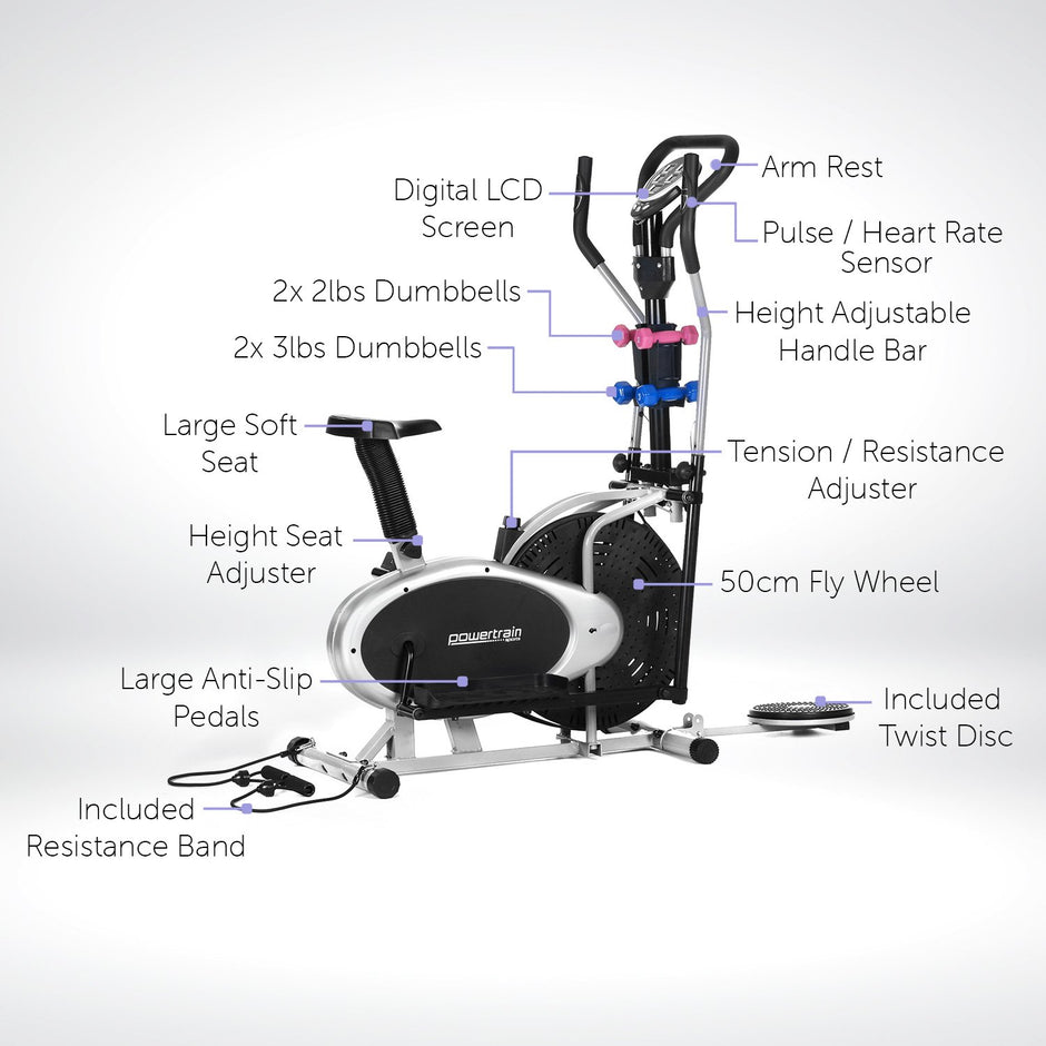 Powertrain 6-in-1 Elliptical Cross Trainer Bike – With Dumbbells, Twist Disc & Resistance Bands