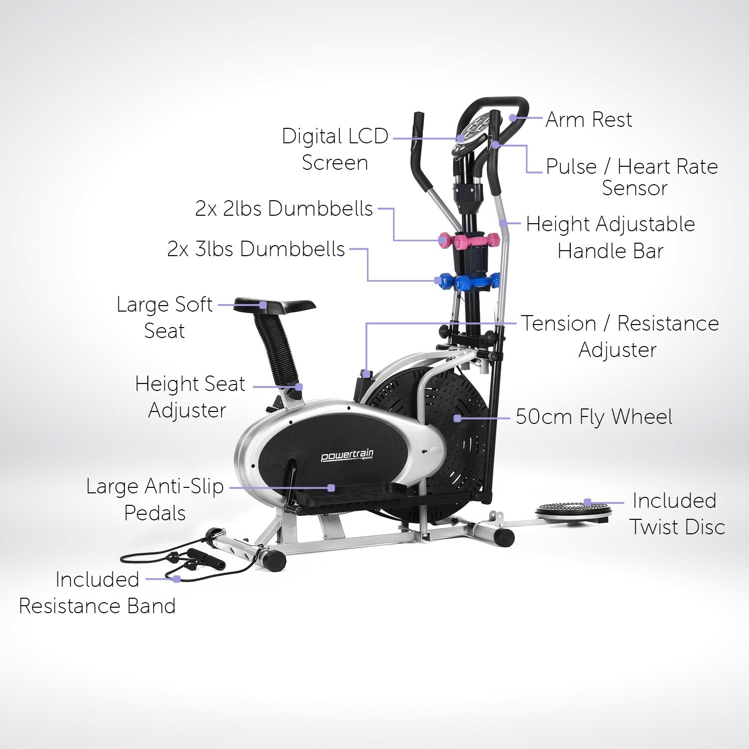Powertrain 6-in-1 Elliptical Cross Trainer Bike – With Dumbbells, Twist Disc & Resistance Bands