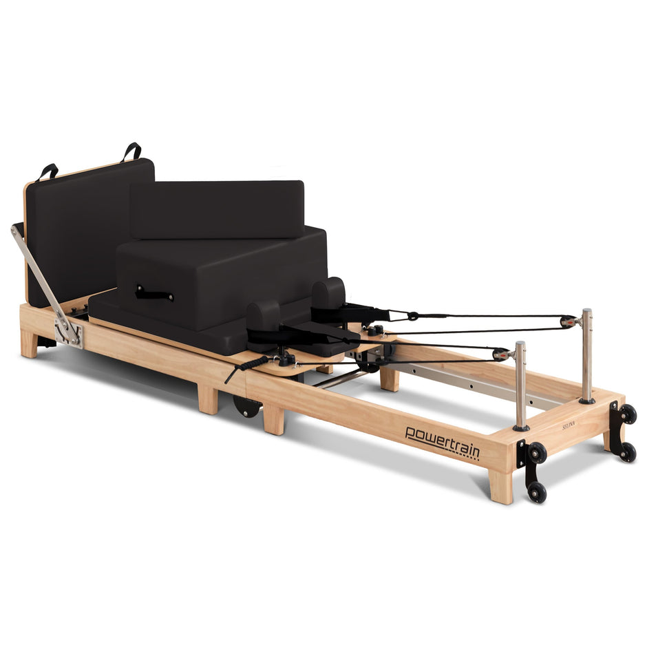 Powertrain Selina Pilates Reformer Machine Wooden Folding Multifunctional Home Gym Equipment with Jumpboard & Sitting Box Oak Black