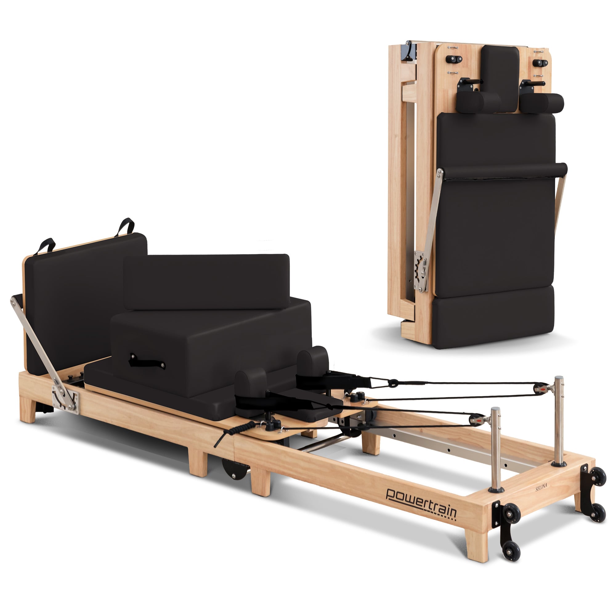 Powertrain Selina Pilates Reformer Machine Wooden Folding Multifunctional Home Gym Equipment with Jumpboard & Sitting Box Oak Black