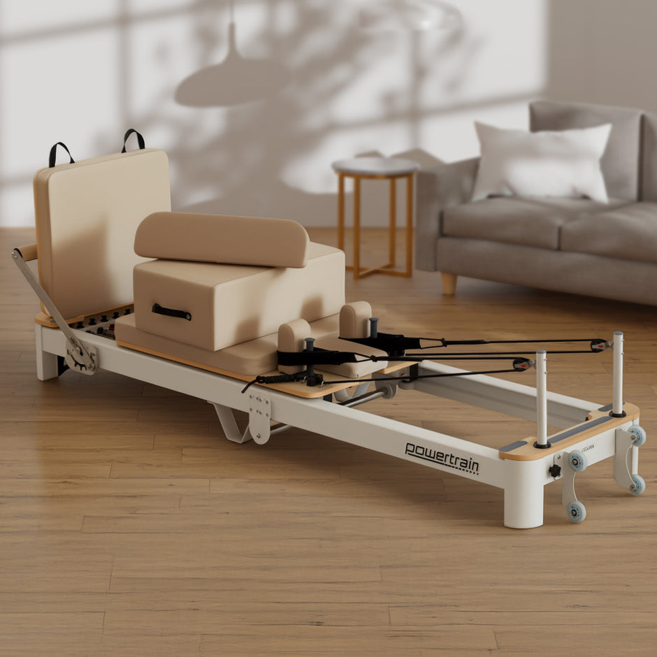 Powertrain Velora Beige Aluminium Foldable Pilates Board Reformer Multifunctional Core Exercise Set Ab Trainer Platform Extender Sitting Box Jumpboard And Footbar Full Body Home