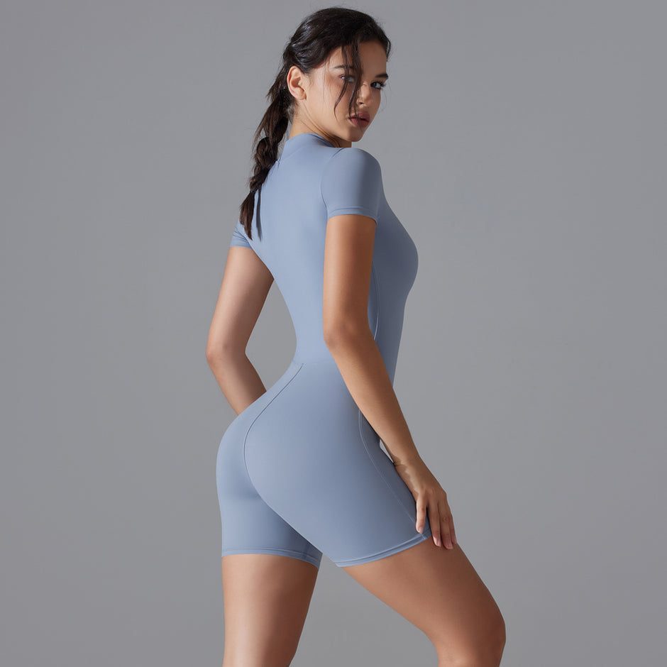 Women's Summer Zip-Up Bodysuit - Short Sleeve High-Stretch Yoga & Dance Wear