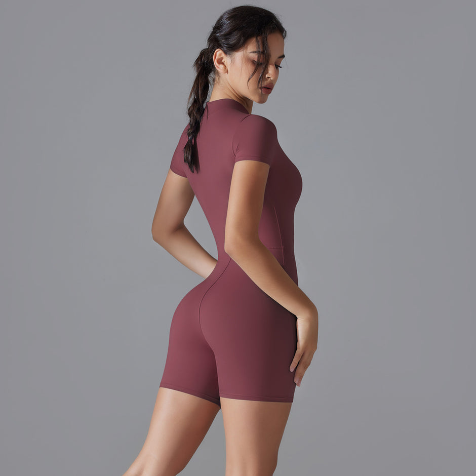 Women's Summer Zip-Up Bodysuit - Short Sleeve High-Stretch Yoga & Dance Wear