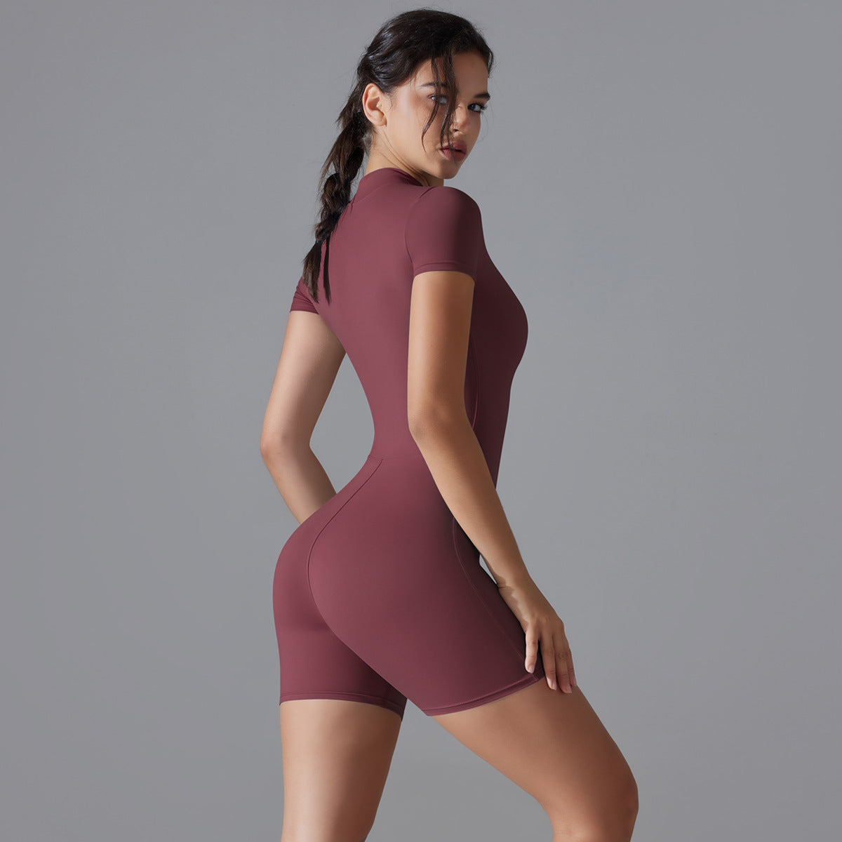 Women's Summer Zip-Up Bodysuit - Short Sleeve High-Stretch Yoga & Dance Wear