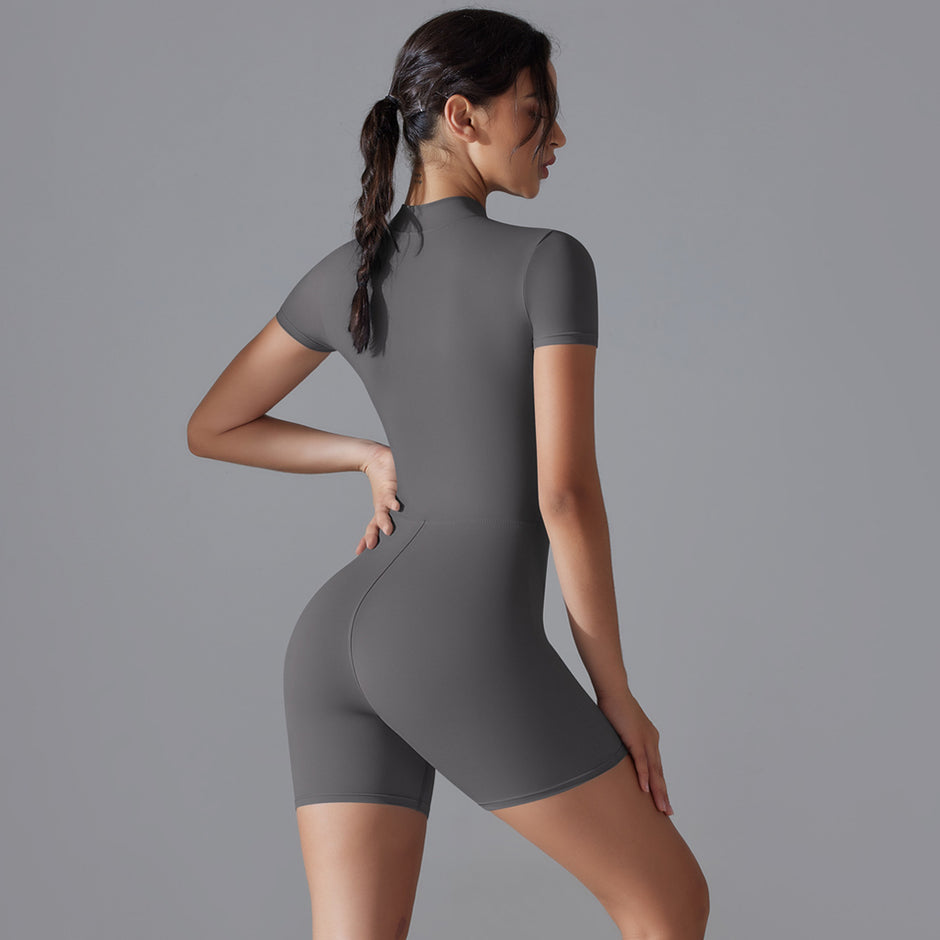 Women's Summer Zip-Up Bodysuit - Short Sleeve High-Stretch Yoga & Dance Wear