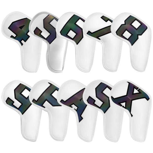 White covers with  Laser numbers, Premium PU Leather Golf Iron Headcover Set (10pcs) | Numbered 4-9, P, S, A, X | Protective Club Covers for Irons