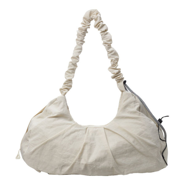 Beige Large Capacity Ruched Travel Duffel Bag - Stylish Yoga Mat Storage Shoulder Bag - Lightweight Gym Fitness Tote with Drawstring Detail for Weekend Getaways and Sports