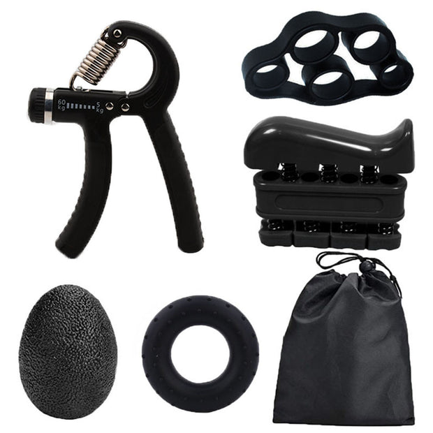 Black 5-Piece Hand Grip Strength Training Set – Adjustable Grip Exerciser, Silicone Grip Rings & Grip Ball