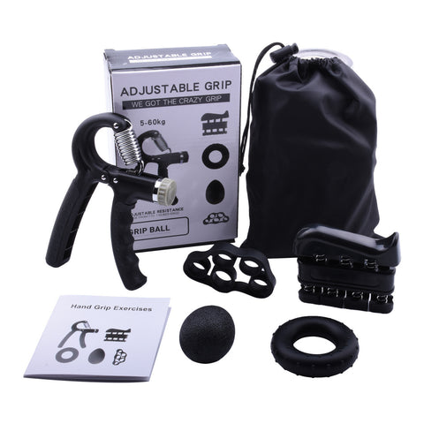 Black 5-Piece Hand Grip Strength Training Set – Adjustable Grip Exerciser, Silicone Grip Rings & Grip Ball
