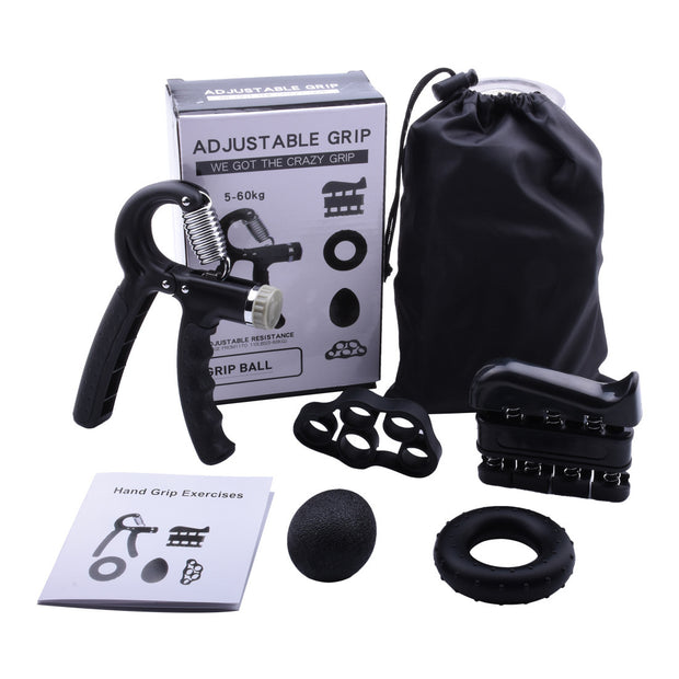Black 5-Piece Hand Grip Strength Training Set – Adjustable Grip Exerciser, Silicone Grip Rings & Grip Ball