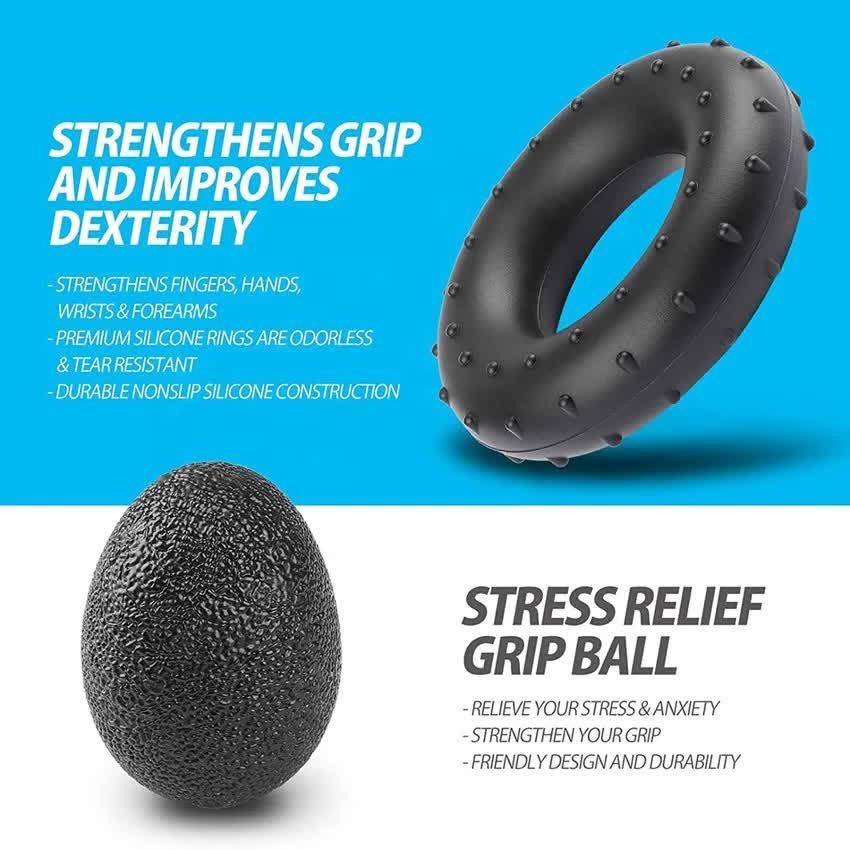 Blue 5-Piece Hand Grip Strength Training Set - Adjustable Grip Exerciser, Silicone Grip Rings & Grip Ball