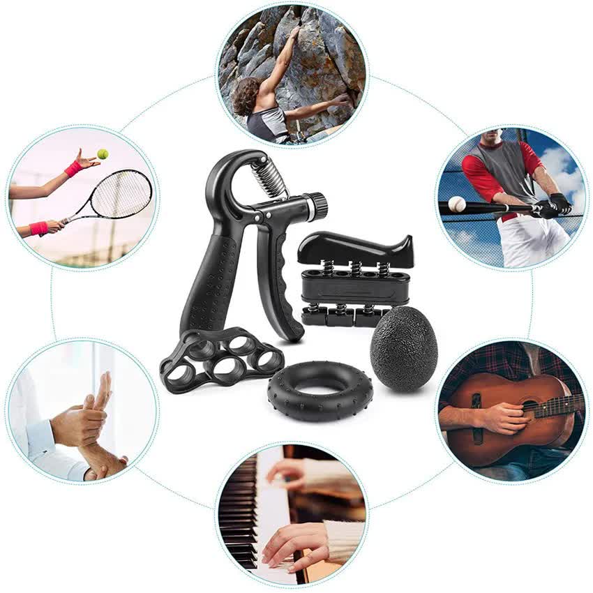 Orange 5-Piece Hand Grip Strength Training Set - Adjustable Grip Exerciser, Silicone Grip Rings & Grip Ball