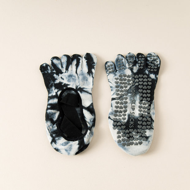 2 pairs Black tie-dye Non-Slip Yoga Socks for Women - Five-Toe Cotton Blend Socks for Pilates and Indoor Sports