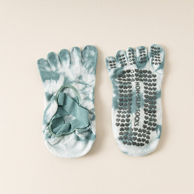 2 Pairs Green Tie-Dye Non-Slip Yoga Socks for Women - Five-Toe Cotton Blend Socks for Pilates and Indoor Sports