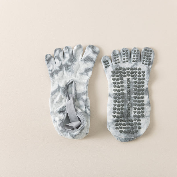 2 Pairs Grey Tie-Dye Non-Slip Yoga Socks for Women - Five-Toe Cotton Blend Socks for Pilates and Indoor Sports