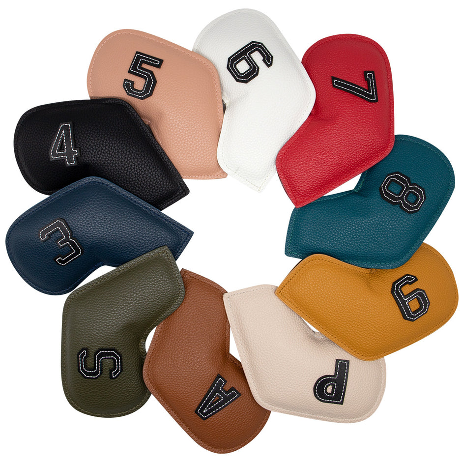 Black Golf Iron Head Covers Set of 10 - Waterproof PU Leather Club Protectors with Embroidered Numbers (3-9, P, A, S)