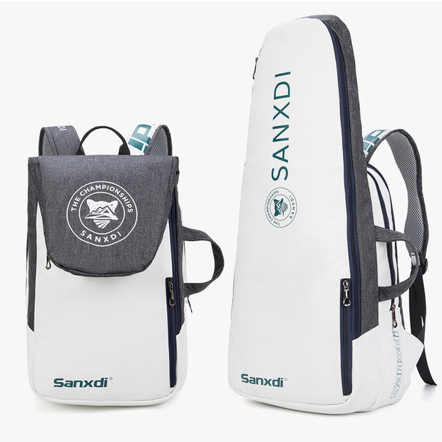 Grey and White Multifunctional Tennis & Badminton Backpack - Waterproof Racket Bag with Shoe Compartment