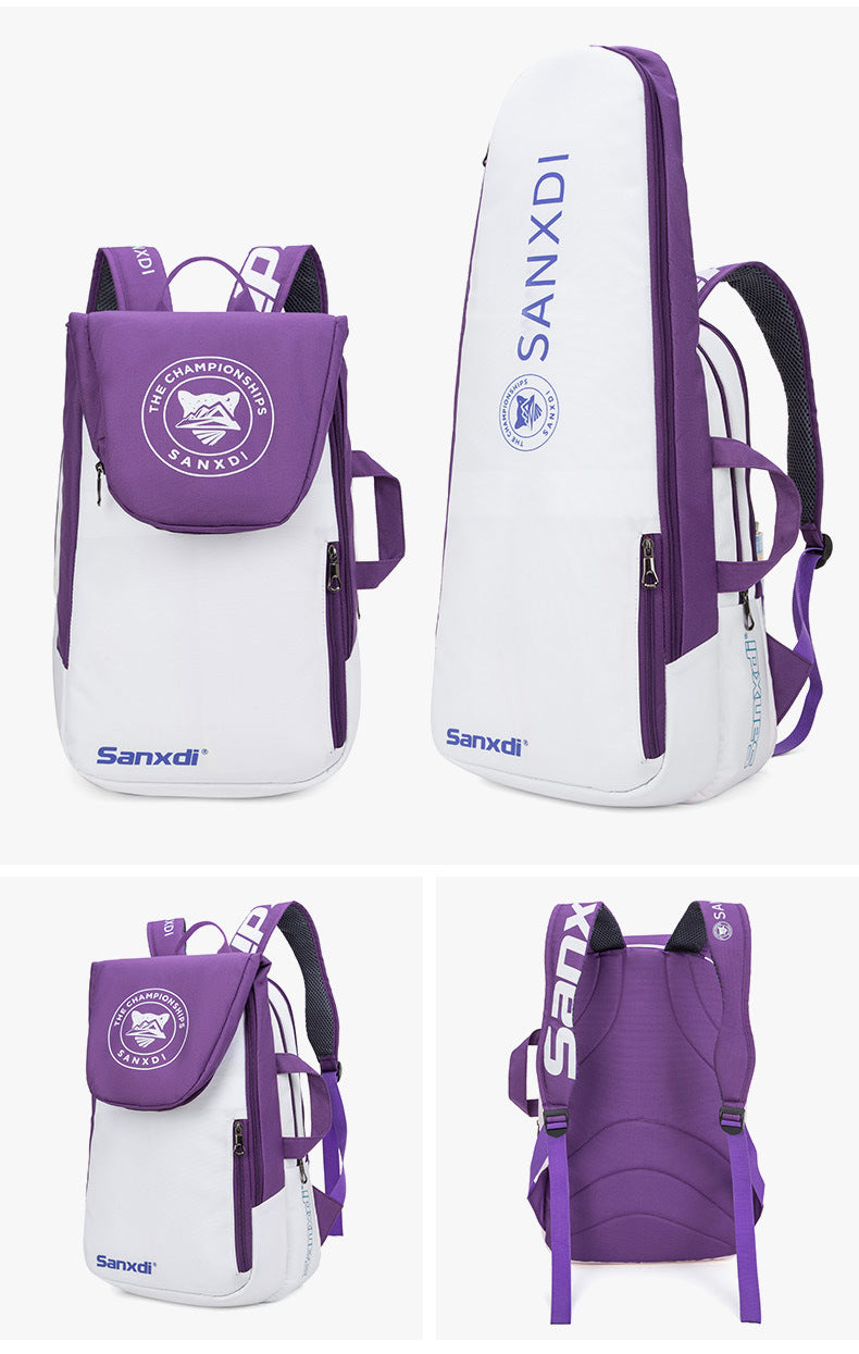 Purple and White Multifunctional Tennis & Badminton Backpack - Waterproof Racket Bag with Shoe Compartment