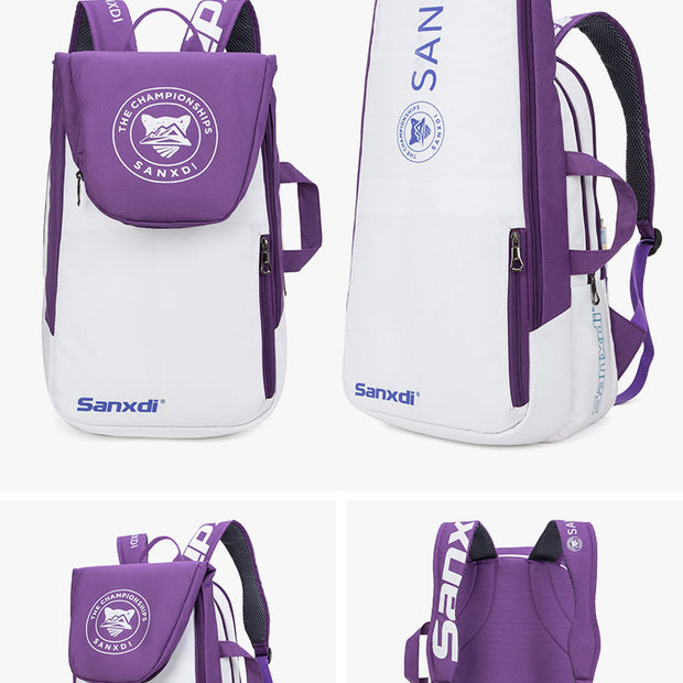 Purple and White Multifunctional Tennis & Badminton Backpack - Waterproof Racket Bag with Shoe Compartment