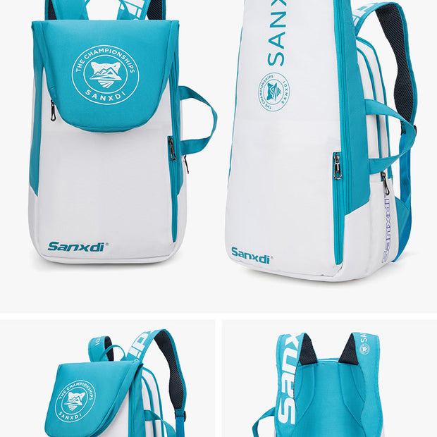 Blue and White Multifunctional Tennis & Badminton Backpack - Waterproof Racket Bag with Shoe Compartment