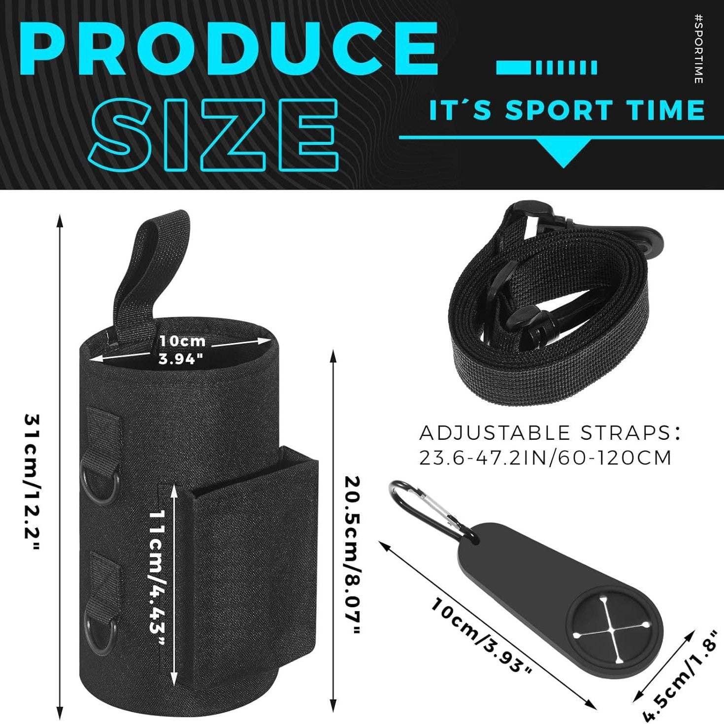 Black Magnetic Gym Water Bottle Pouch & Towel Clip with 6 High-Strength Magnets and Adjustable Strap - Fits 18oz to 40oz