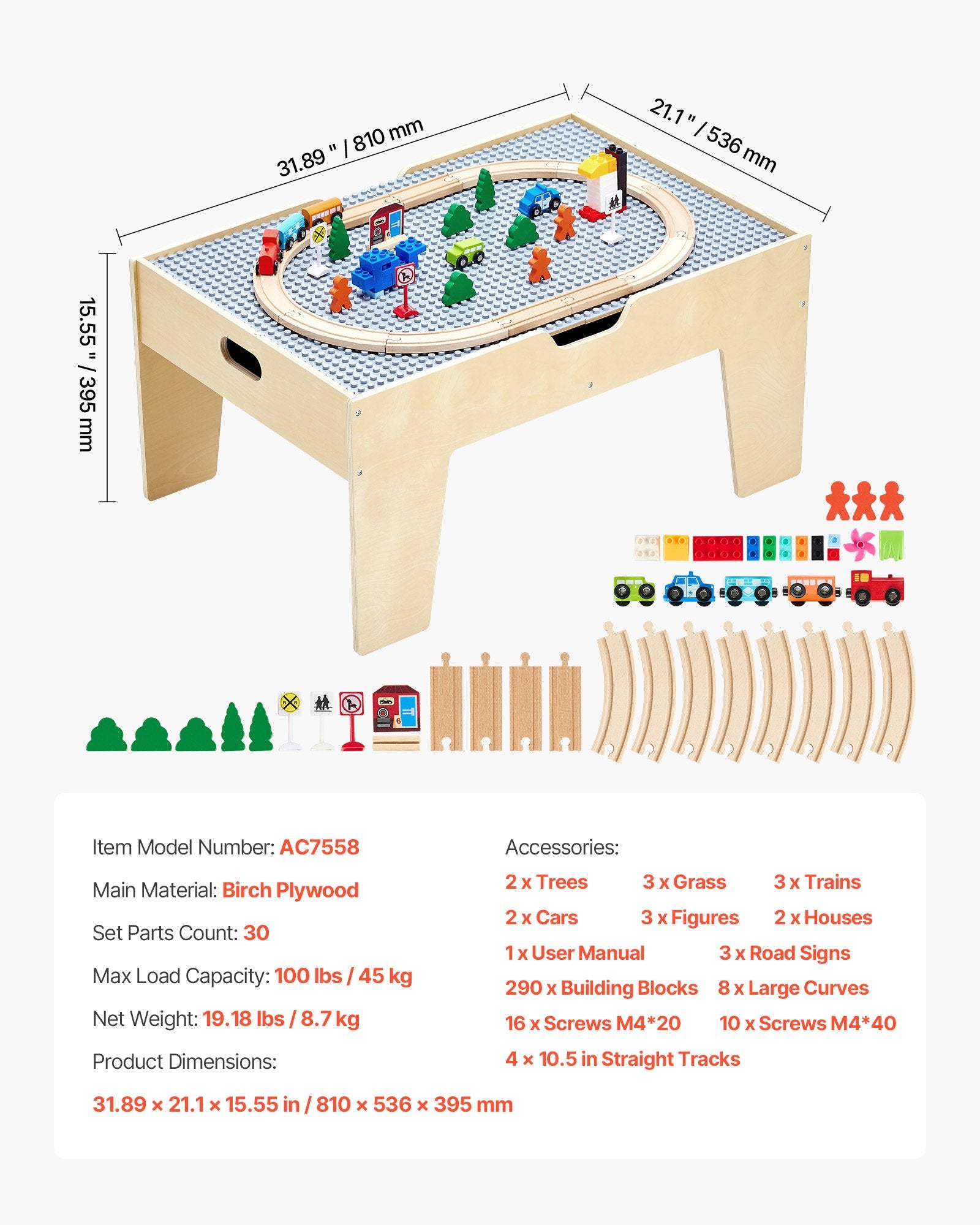 VEVOR Multi-Purpose Activity Play Table 290 Building Bricks & 30 PCS Accessories
