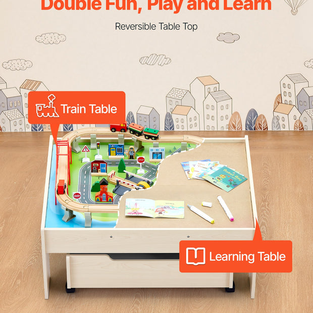 VEVOR Train Table 100 PCS Wooden Kids Activity Table with Rolling Storage Drawer