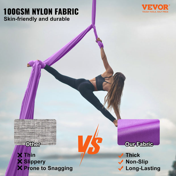 VEVOR Aerial Silk & Yoga Swing, 8 m Length, Aerial Yoga Hammock Kit with 100gsm Nylon Fabric, Full Rigging Hardware & Easy Set-up Guide, Antigravity Flying for All Levels Fitness Bodybuilding, Purple