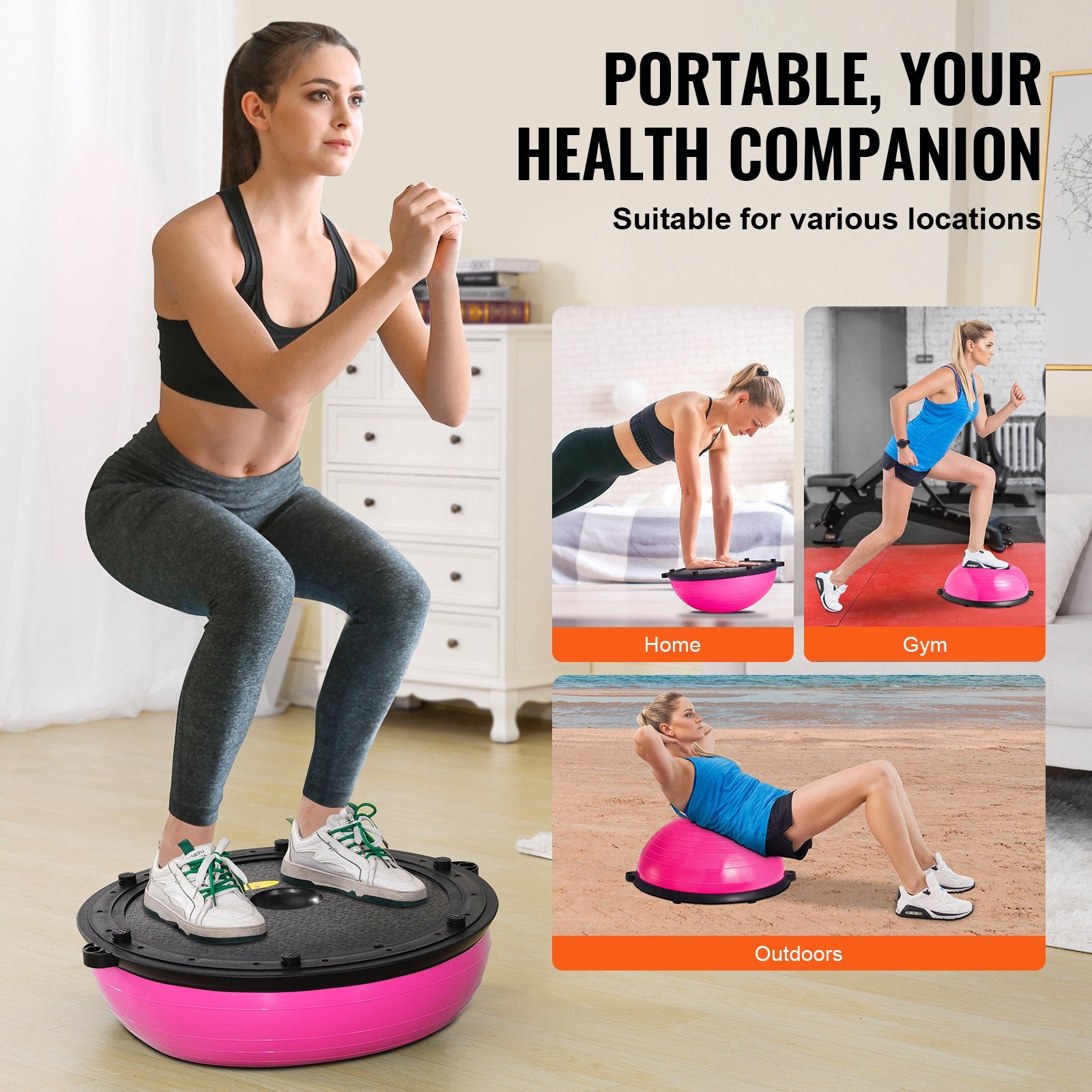 VEVOR Half Exercise Ball Trainer, 23 inch Balance Ball Trainer, 660lbs Capacity Stability Ball, Yoga Ball with Resistance Bands & Foot Pump, Strength Fitness Ball for Home Gym, Full Body Workout, Pink