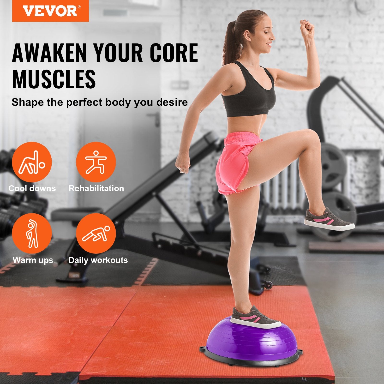 VEVOR Half Exercise Ball Trainer, 23 inch Balance Ball Trainer, 660lbs Stability Ball, Yoga Ball with Resistance Bands & Foot Pump, Strength Fitness Ball for Home Gym, Full Body Workout, Purple