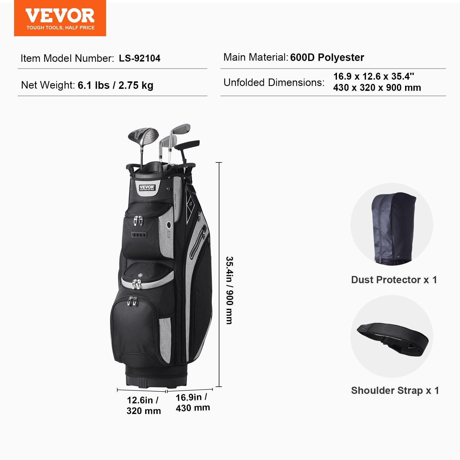 VEVOR Golf Cart Bag with 14 Way Organizer Divider Top, 13 Pockets Premium Cart Bag, Durable 600D Polyester Fabric Golf Bags with Handles & Dust Cover & Detachable Straps for Men & Women, Black Color-Block